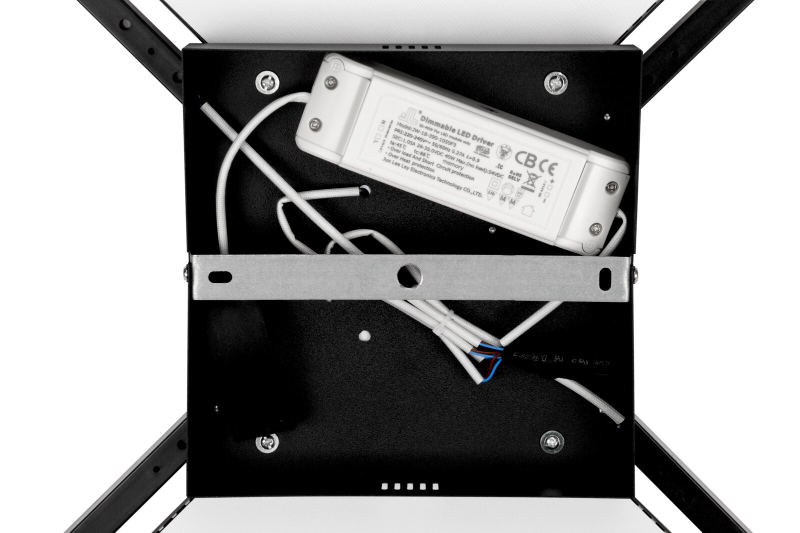 Innenansicht einer LED-Deckenleuchte mit sichtbarem LED-Treiber und Verkabelung, von oben betrachtet.