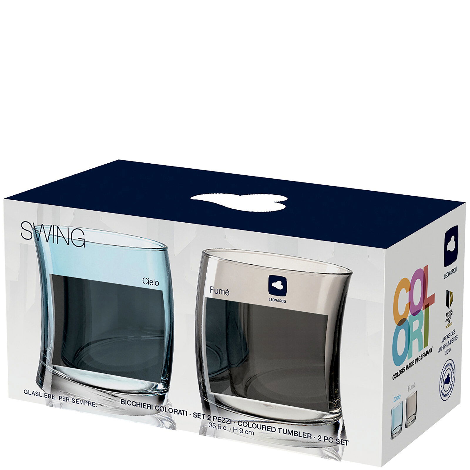 Verpackung mit zwei farbigen Trinkgläsern, eines in Himmelblau und eines in Rauchgrau, Vorderansicht