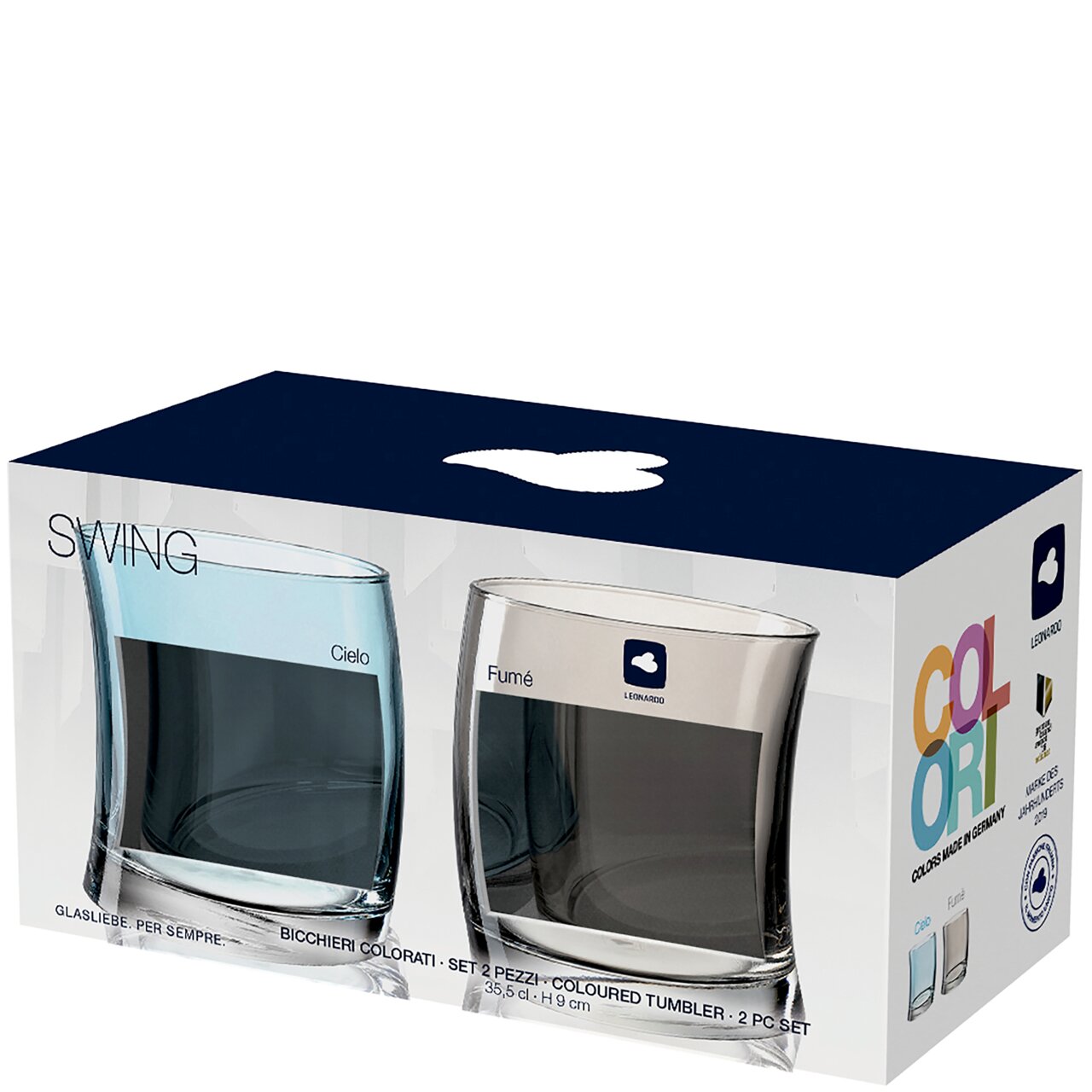 Leonardo Becher-Set Verpackung mit zwei farbigen Trinkgläsern, eines in Himmelblau und eines in Rauchgrau, Vorderansicht