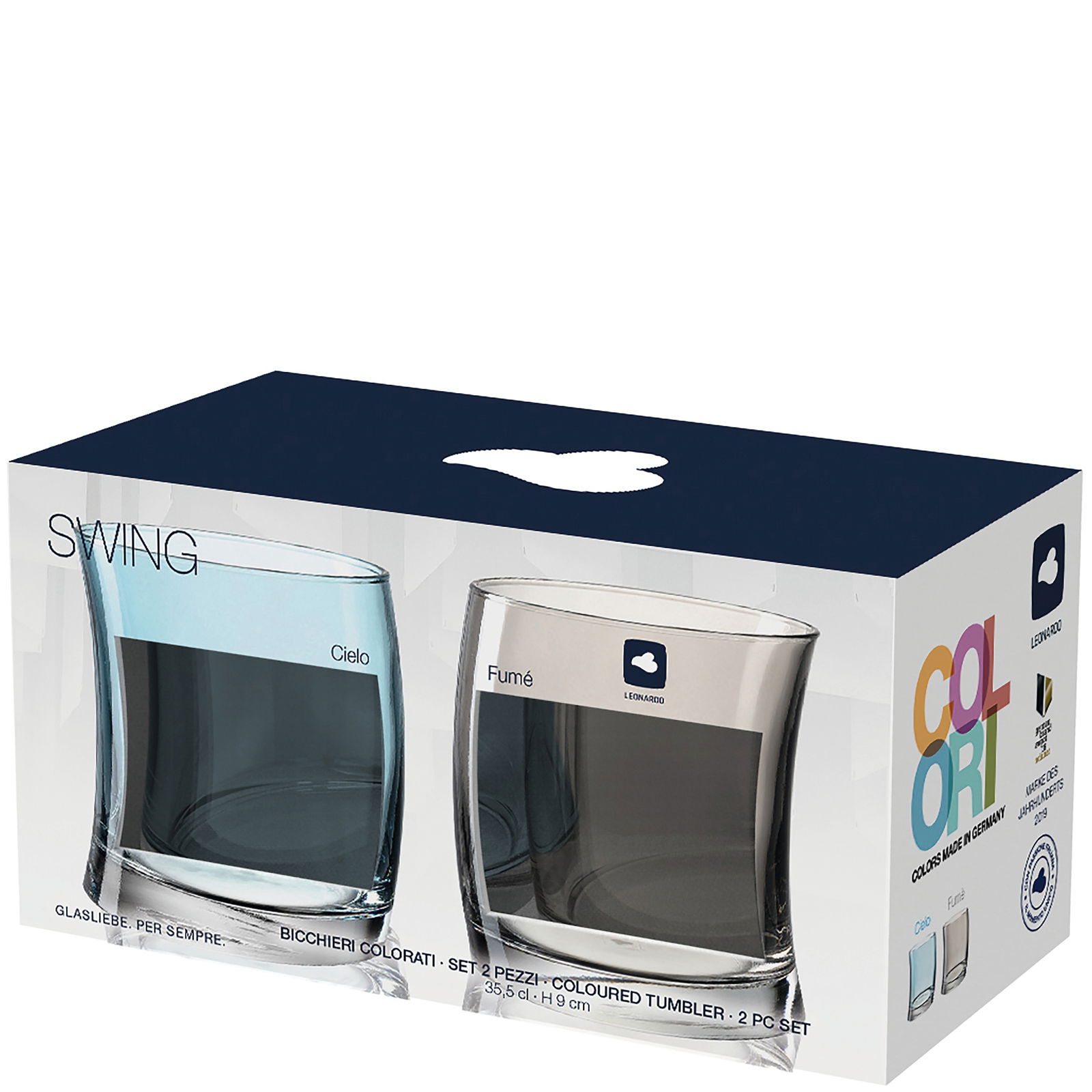 Verpackung mit zwei farbigen Trinkgläsern, eines in Himmelblau und eines in Rauchgrau, Vorderansicht