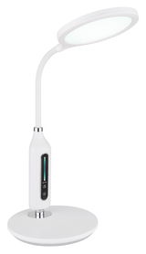 Moderne weiße Tischleuchte FRUGGY mit rundem Lampenschirm und flexiblem Hals, seitliche Ansicht