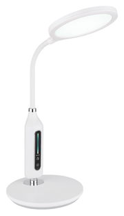 Moderne weiße Tischleuchte FRUGGY mit rundem Lampenschirm und flexiblem Hals, seitliche Ansicht