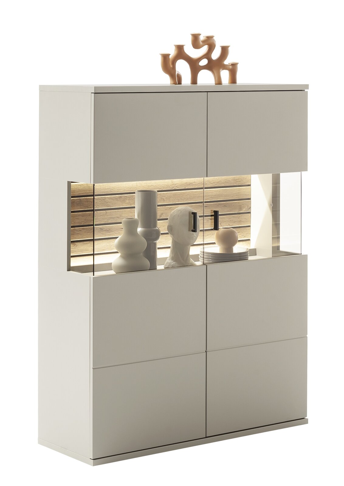Modernes Highboard in Weiß mit dekorativen Objekten, seitliche Perspektive