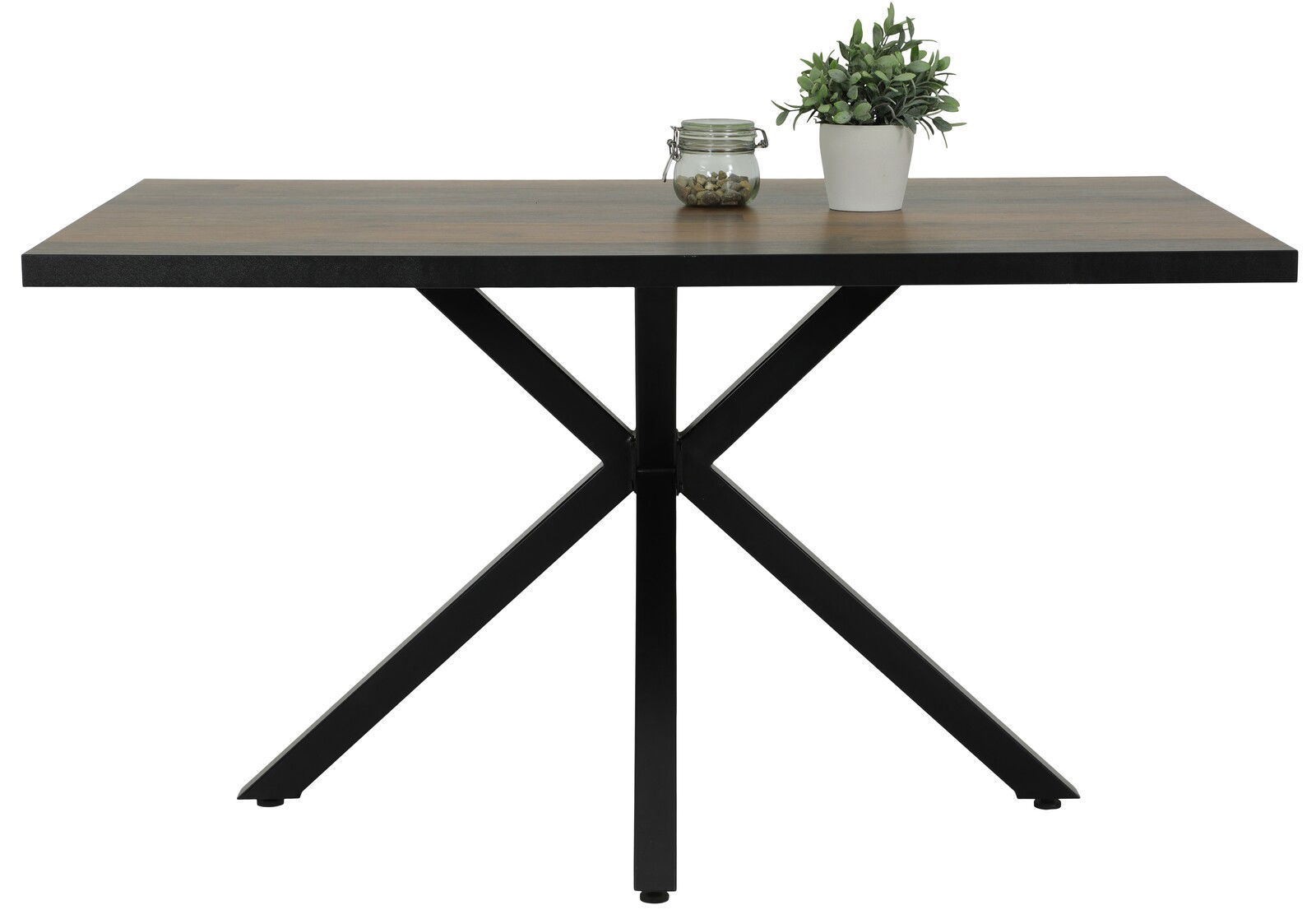 Moderner Esstisch mit schwarzem Metallgestell und Holzplatte, seitliche Perspektive