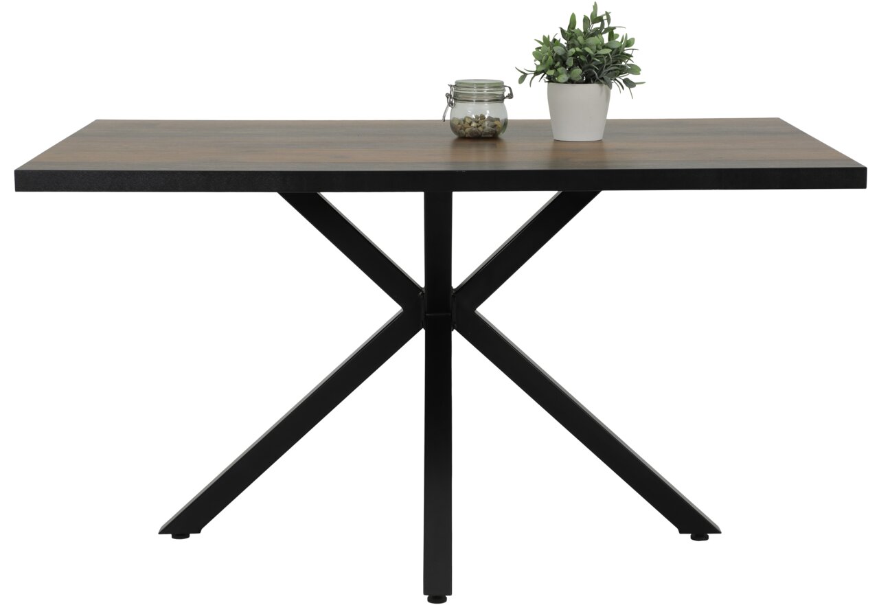 Moderne eettafel met zwart metalen onderstel en houten blad, zijaanzicht