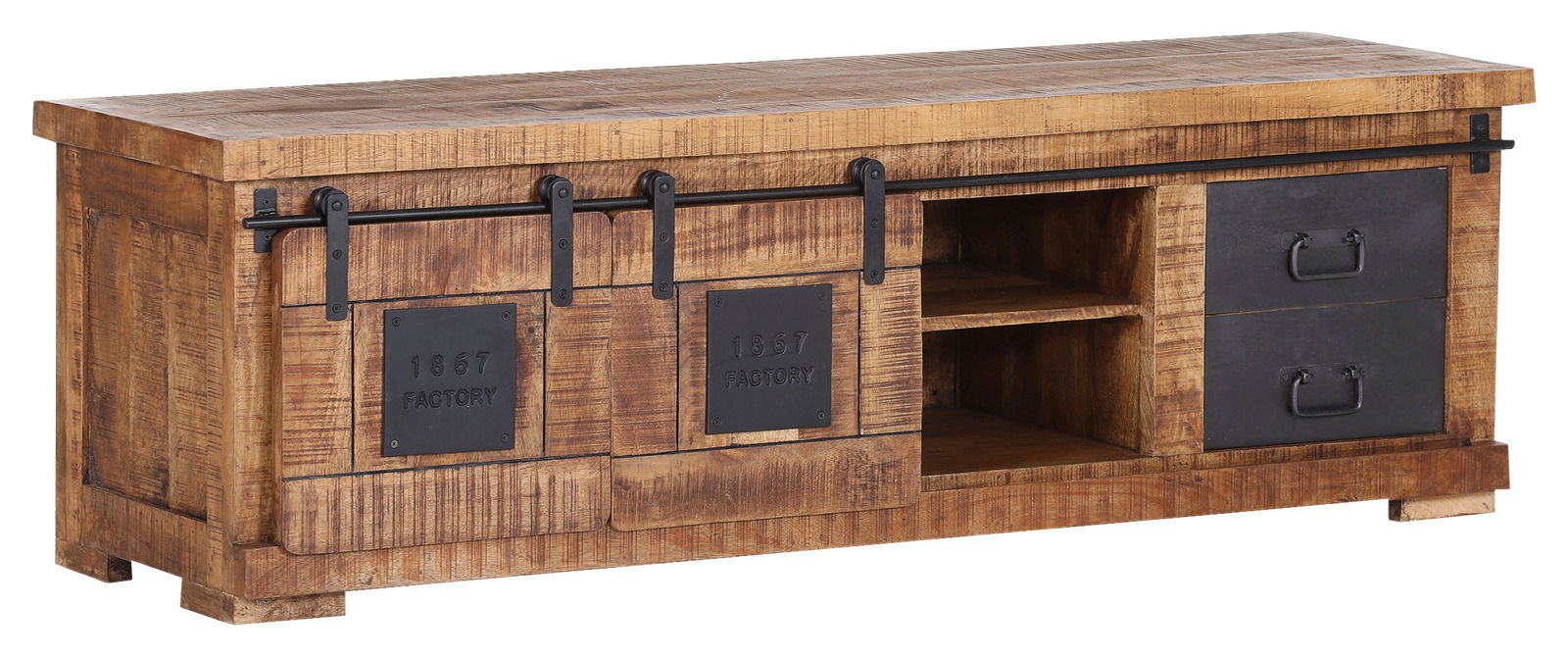 Z2 TV-Lowboard BARNEY Rustikales TV-Lowboard aus Holz mit Schiebetüren und Schubladen, seitliche Perspektive