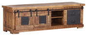 Rustikales TV-Lowboard aus Holz mit Schiebetüren und Schubladen, seitliche Perspektive