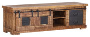 Rustikales TV-Lowboard aus Holz mit Schiebetüren und Schubladen, seitliche Perspektive