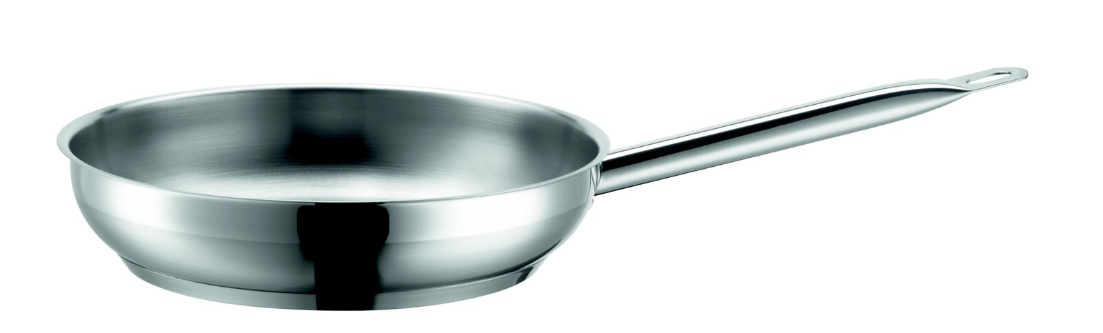 Mäser Bratpfanne 24cm PROFESSIONAL I Edelstahl-Bratpfanne mit langem Metallgriff, seitliche Ansicht leicht von oben vor weißem Hintergrund