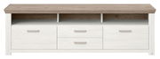 Frontale Ansicht eines modernen Lowboards mit Holzoptik und weißen Schubladen.