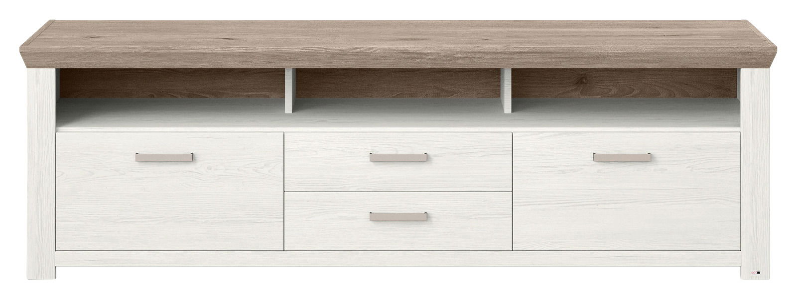 Frontale Ansicht eines modernen Lowboards mit Holzoptik und weißen Schubladen.