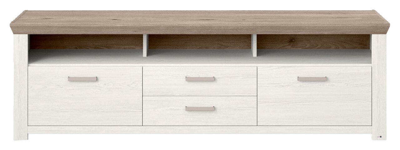 Frontale Ansicht eines modernen Lowboards mit Holzoptik und weißen Schubladen.