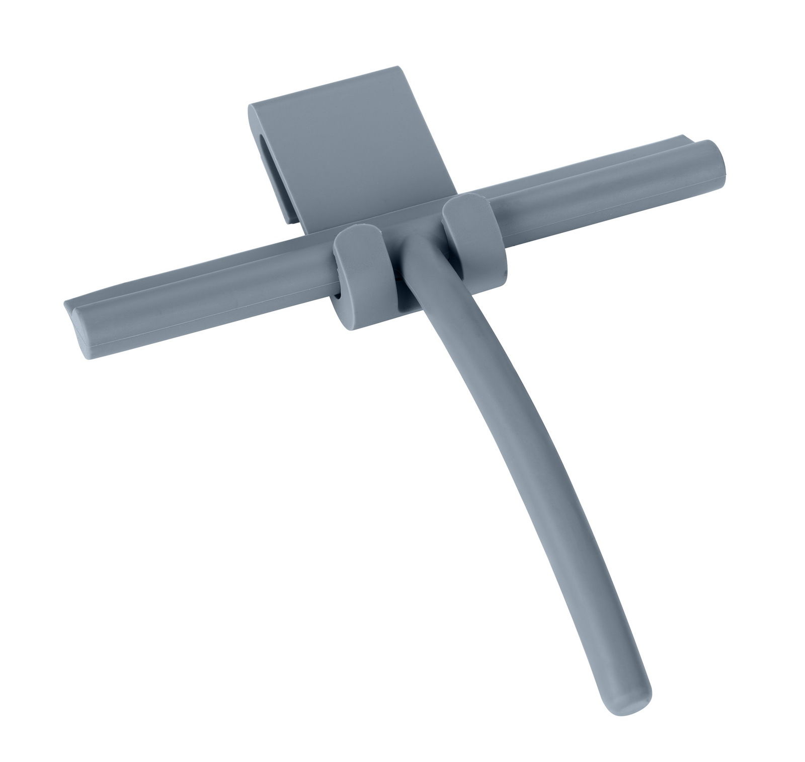 Grauer Badezimmerwischer aus Silikon in schräger Perspektive, mit ergonomischem Griff und Halterung.