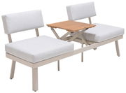 Zweier-Sitzbank mit hellgrauen Kissen und einem integrierten, klappbaren Holztisch in der Mitte, seitliche Perspektive.