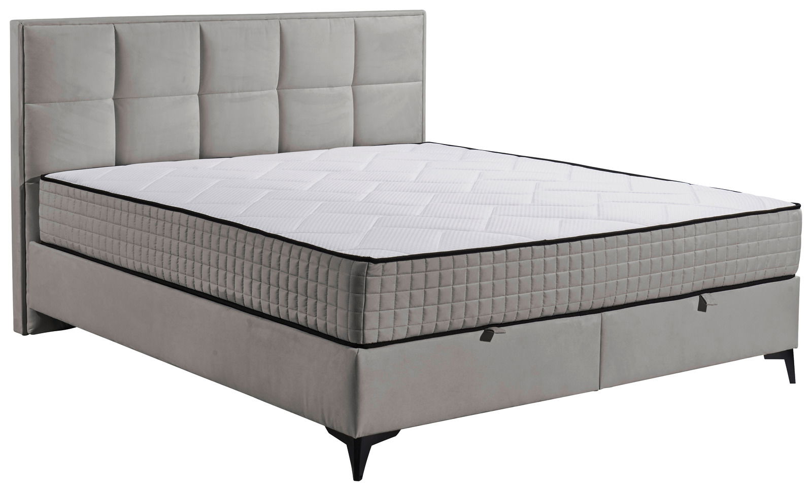 Graues Boxbett mit gestepptem Kopfteil und Matratze, seitliche Perspektive