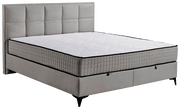 Graues Boxbett mit gestepptem Kopfteil und Matratze, seitliche Perspektive