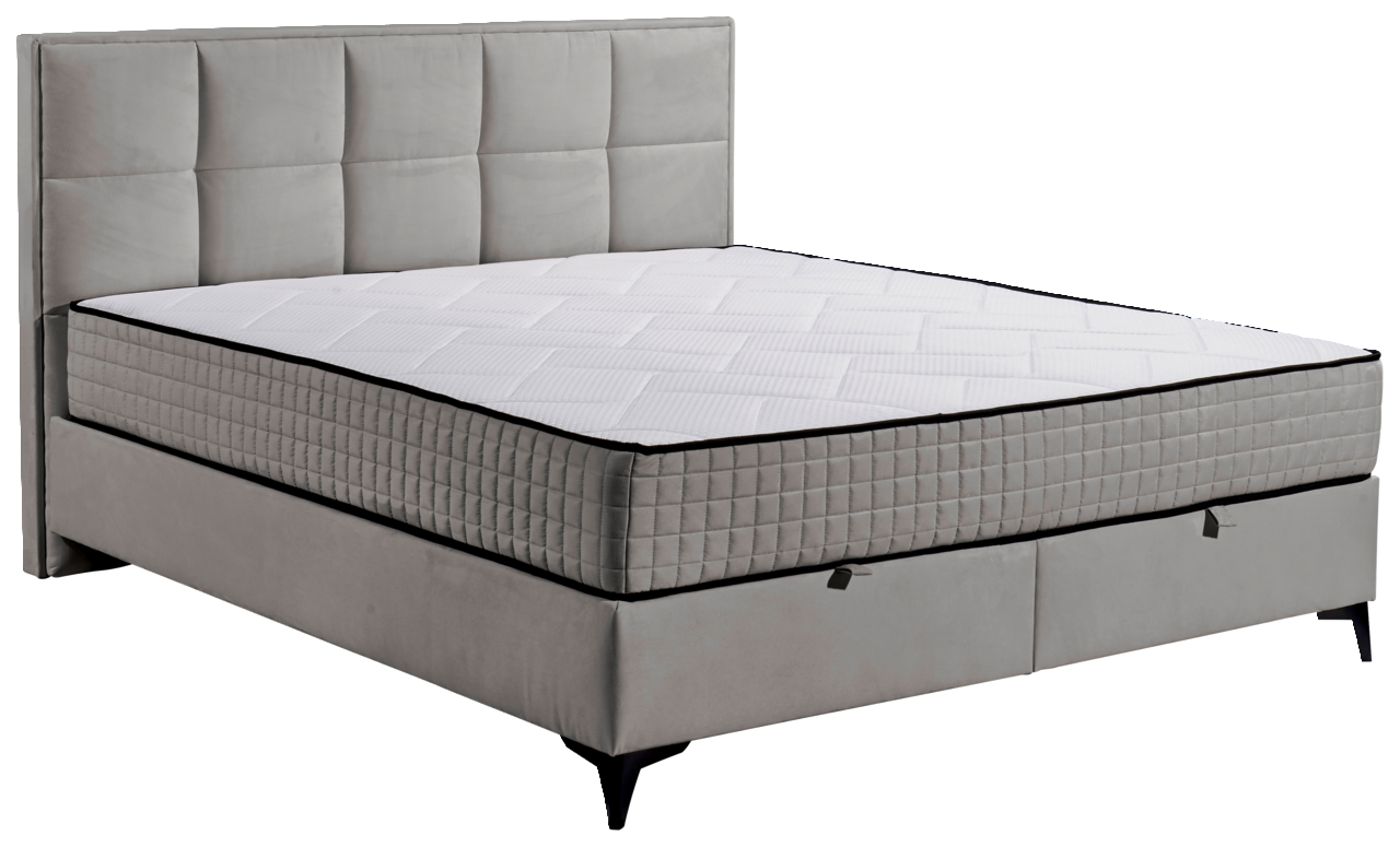 Graues Boxbett mit gestepptem Kopfteil und Matratze, seitliche Perspektive