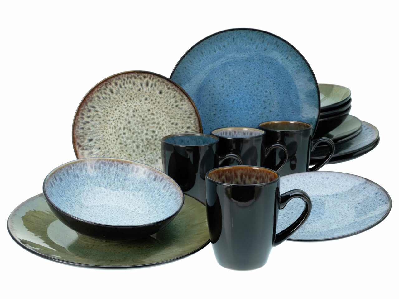 Creatable Kombiservice 16-tlg. BALI Kombiservice Bali 16-tlg. in einer frontalen Perspektive, bestehend aus Tellern, Schalen und Tassen in verschiedenen Blau- und Grüntönen mit einem modernen, gesprenkelten Design.