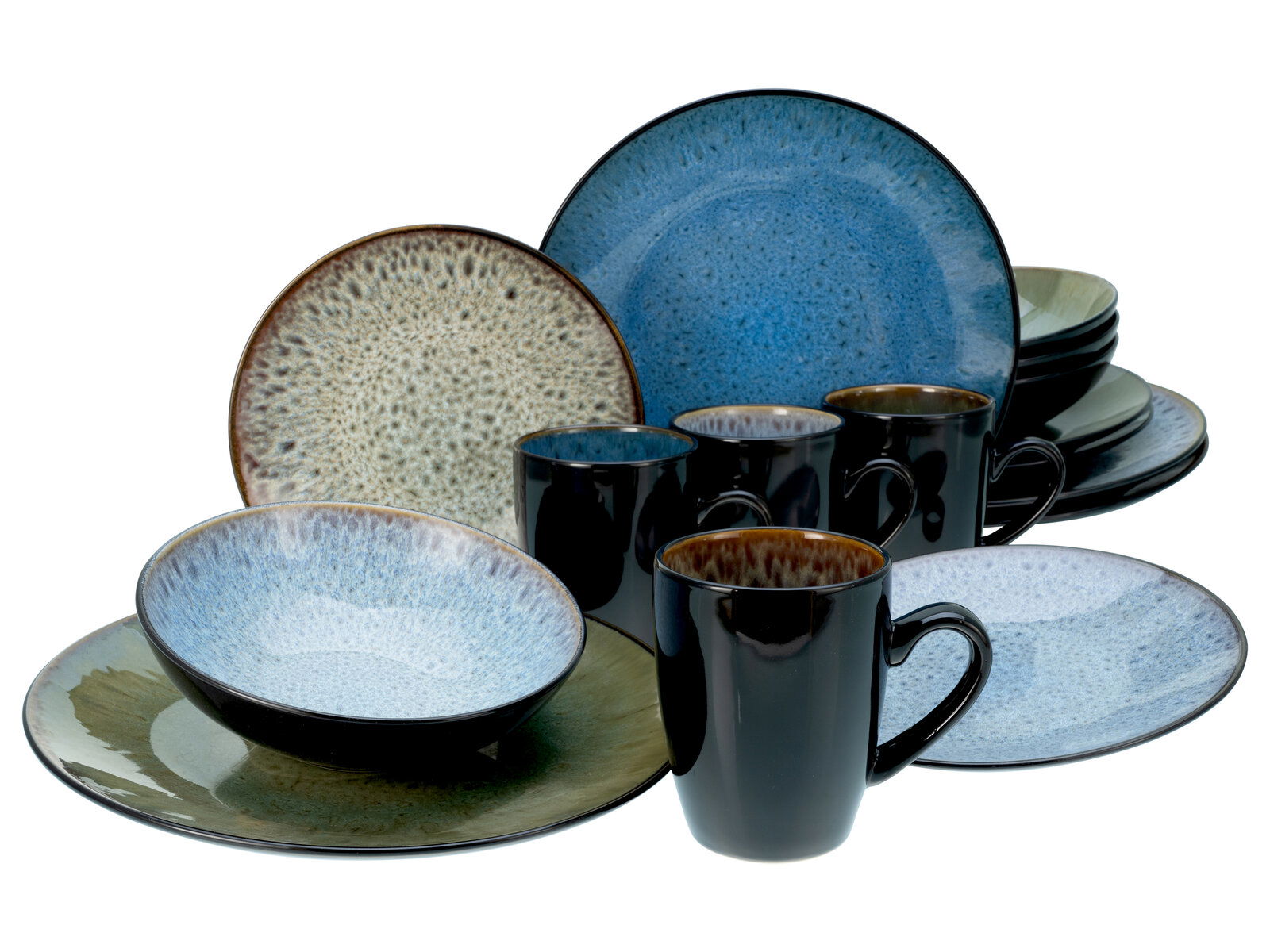 Kombiservice Bali 16-tlg. in einer frontalen Perspektive, bestehend aus Tellern, Schalen und Tassen in verschiedenen Blau- und Grüntönen mit einem modernen, gesprenkelten Design.