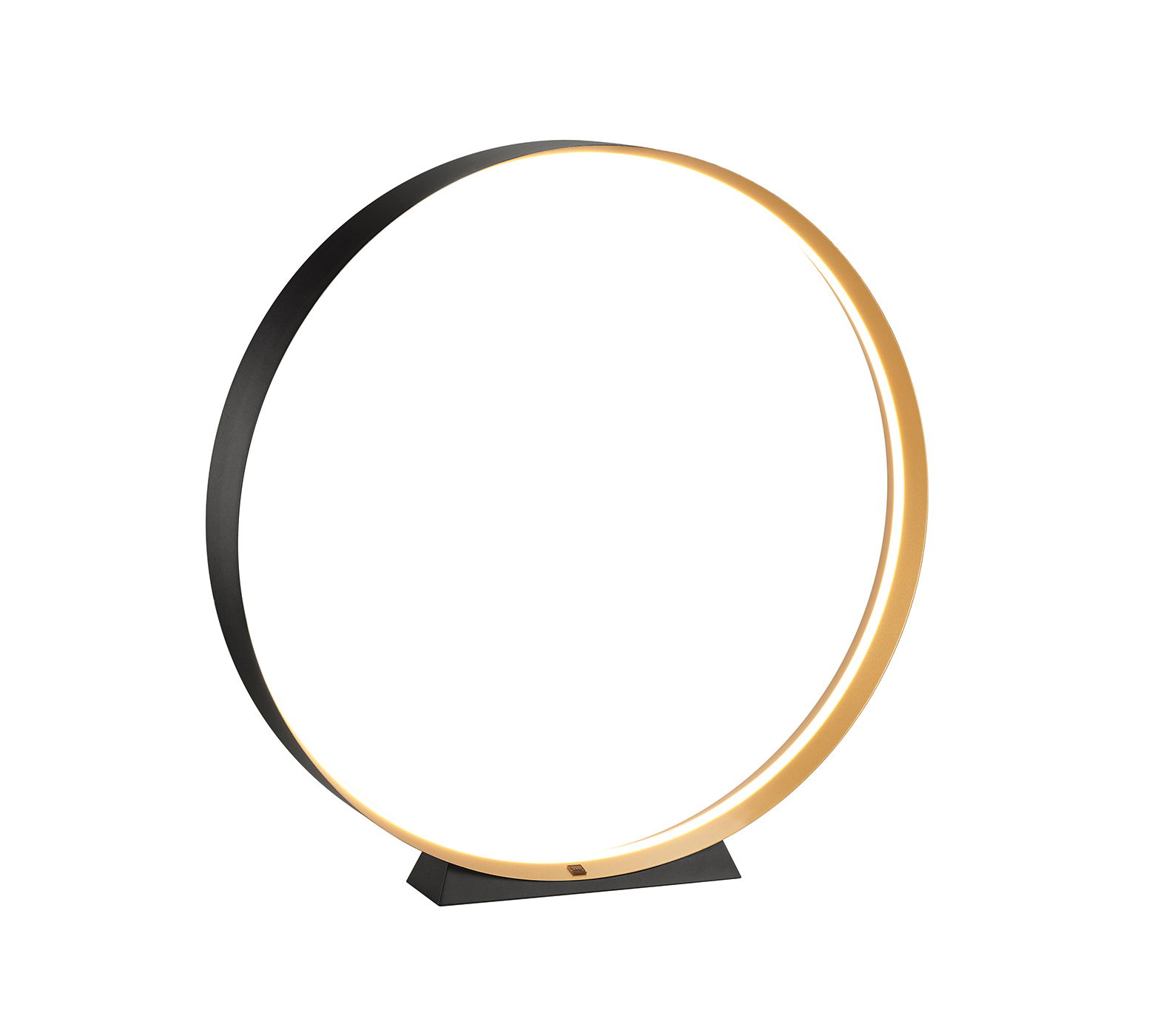 Moderne Stehleuchte LOOP in Form eines großen, eleganten Rings mit schwarzer Außenseite und goldener Innenseite, seitliche Perspektive.