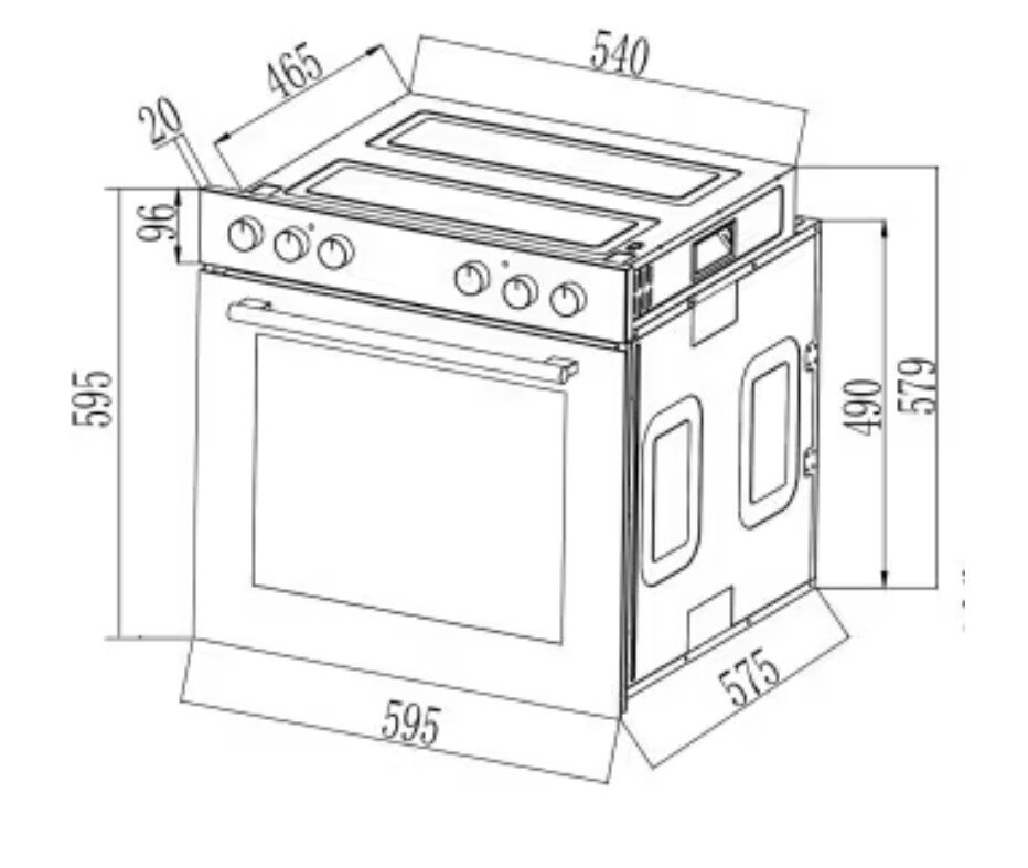 Technische Maßzeichnung eines Einbau-Backofens mit Kochfeld und Bedienknöpfen, perspektivische Ansicht schräg von vorne rechts, mit eingezeichneten Abmessungen (u. a. ca. 595 mm Höhe/Breite, 575 mm Tiefe, 540 mm oben).