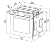 Technische Maßzeichnung eines Einbau-Backofens mit Kochfeld und Bedienknöpfen, perspektivische Ansicht schräg von vorne rechts, mit eingezeichneten Abmessungen (u. a. ca. 595 mm Höhe/Breite, 575 mm Tiefe, 540 mm oben).