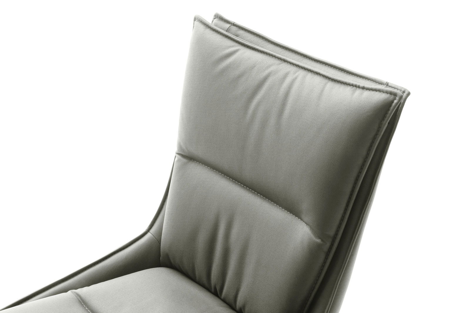 Nahaufnahme eines gepolsterten Stuhlrückens in grauem Stoff, seitliche Perspektive