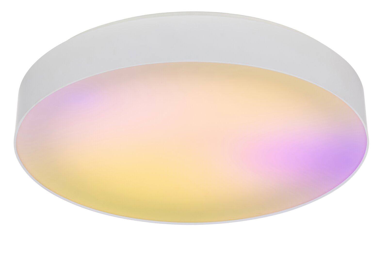 Witte ronde plafondlamp met RGB-kleurverloop (paars, geel en roze), gefotografeerd van onderen in een licht schuin frontaal aanzicht