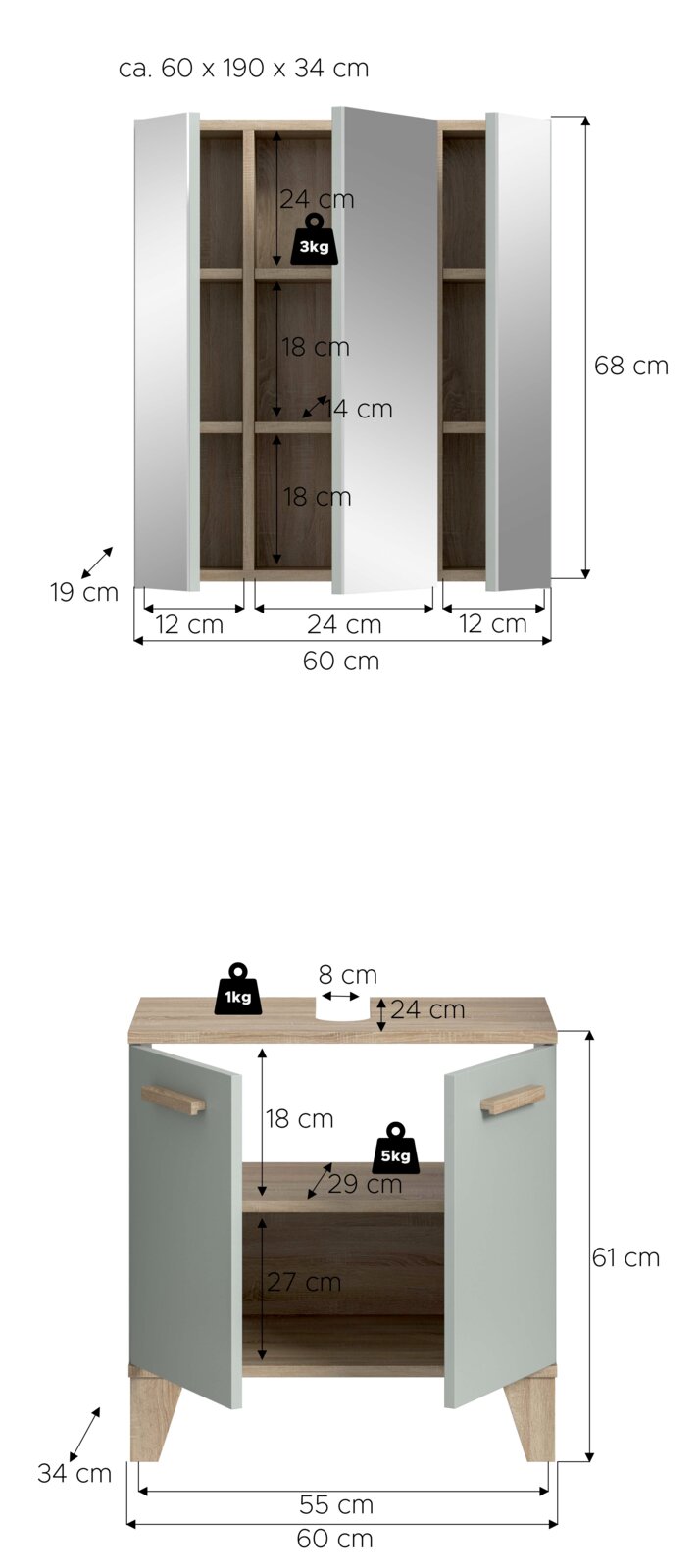 Geöffneter Badezimmerschrank mit zwei Spiegeltüren und Einlegeböden, ca. 60×68×19 cm, Frontansicht mit Maßangaben und Traglastsymbolen