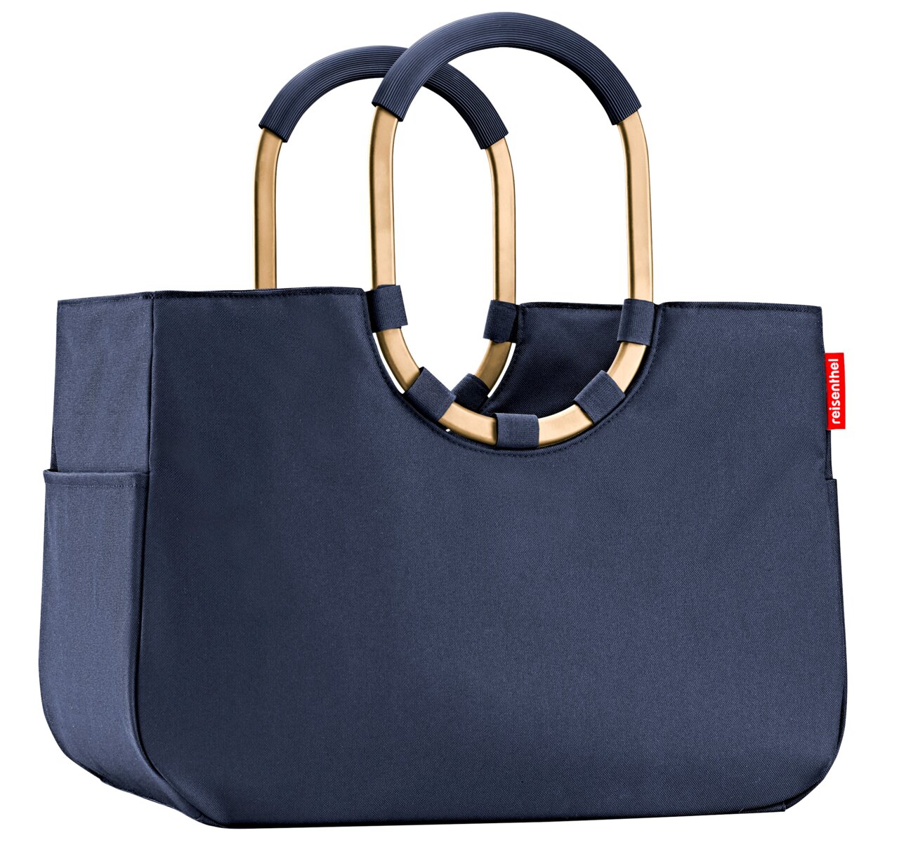 Elegante dunkelblaue Einkaufstasche mit goldenen Griffen, seitliche Perspektive