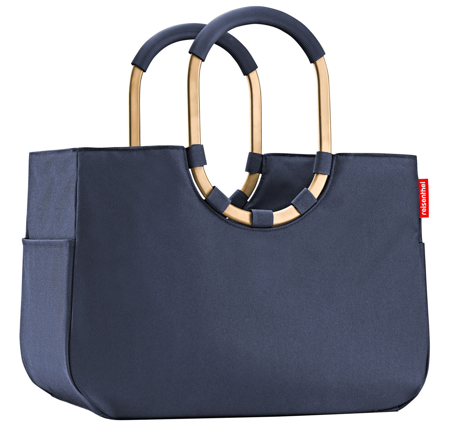 Elegante dunkelblaue Einkaufstasche mit goldenen Griffen, seitliche Perspektive