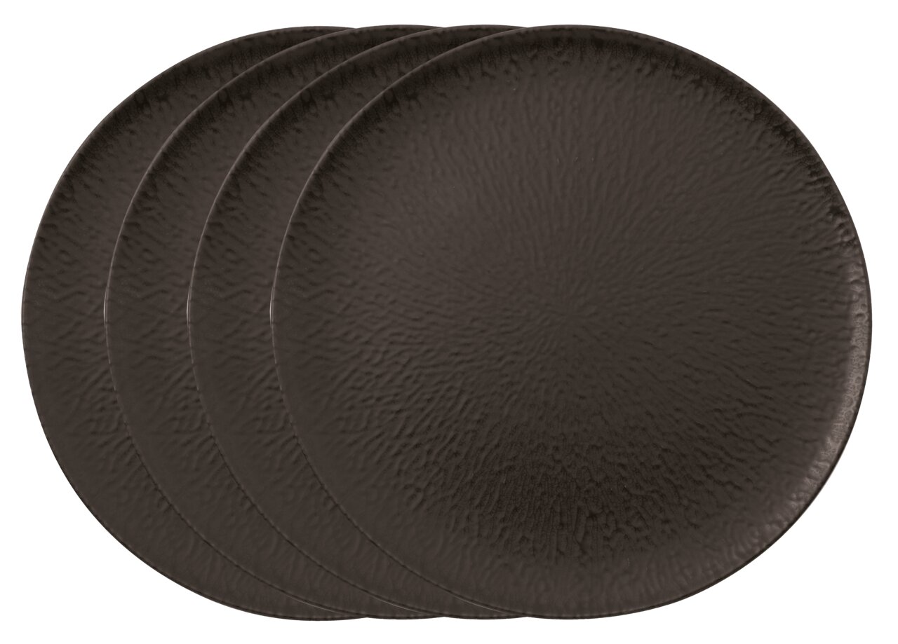 Vier schwarze Pizzateller aus der Onyx-Serie, 32 cm, in einer leicht seitlichen Perspektive gestapelt.