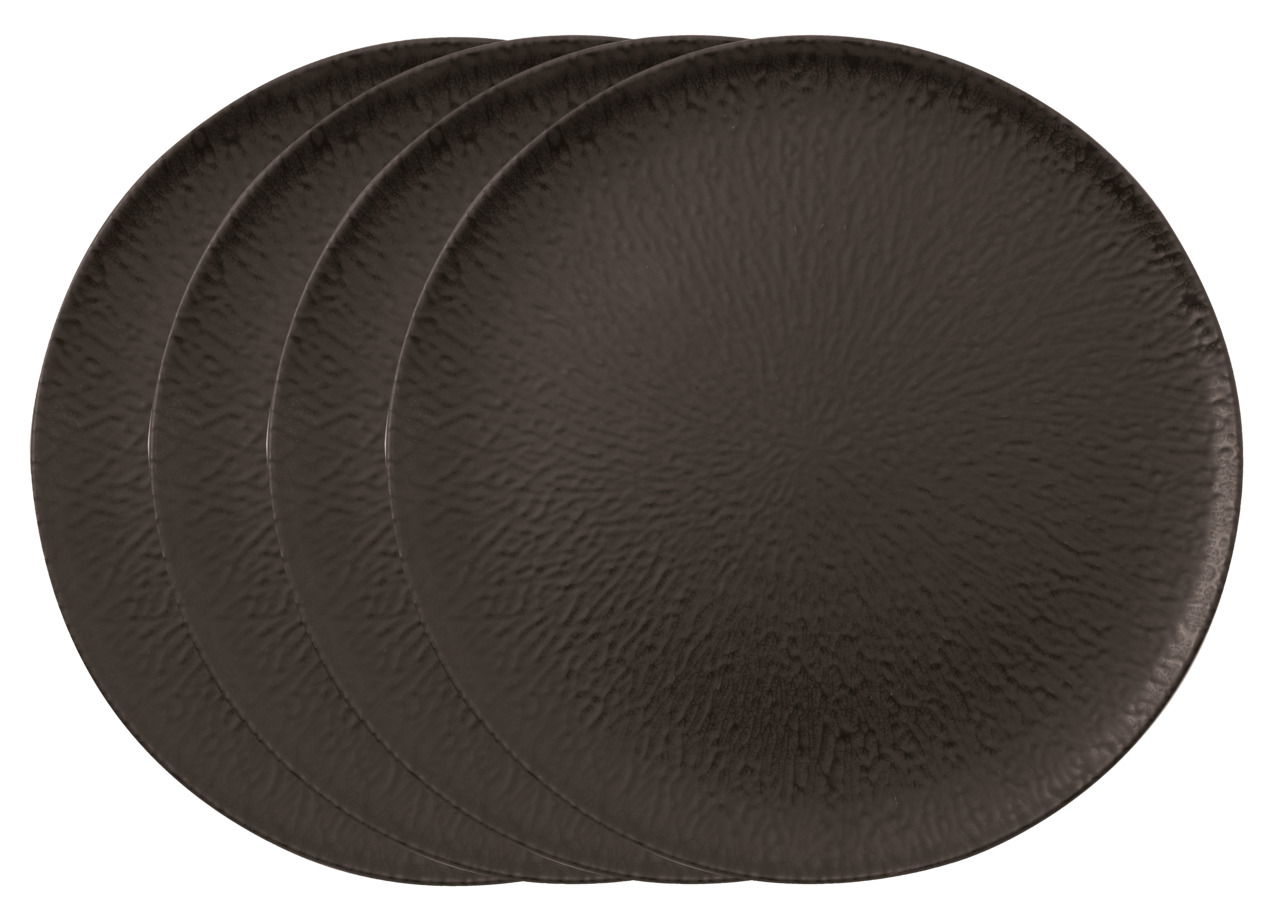 Vier schwarze Pizzateller aus der Onyx-Serie, 32 cm, in einer leicht seitlichen Perspektive gestapelt.