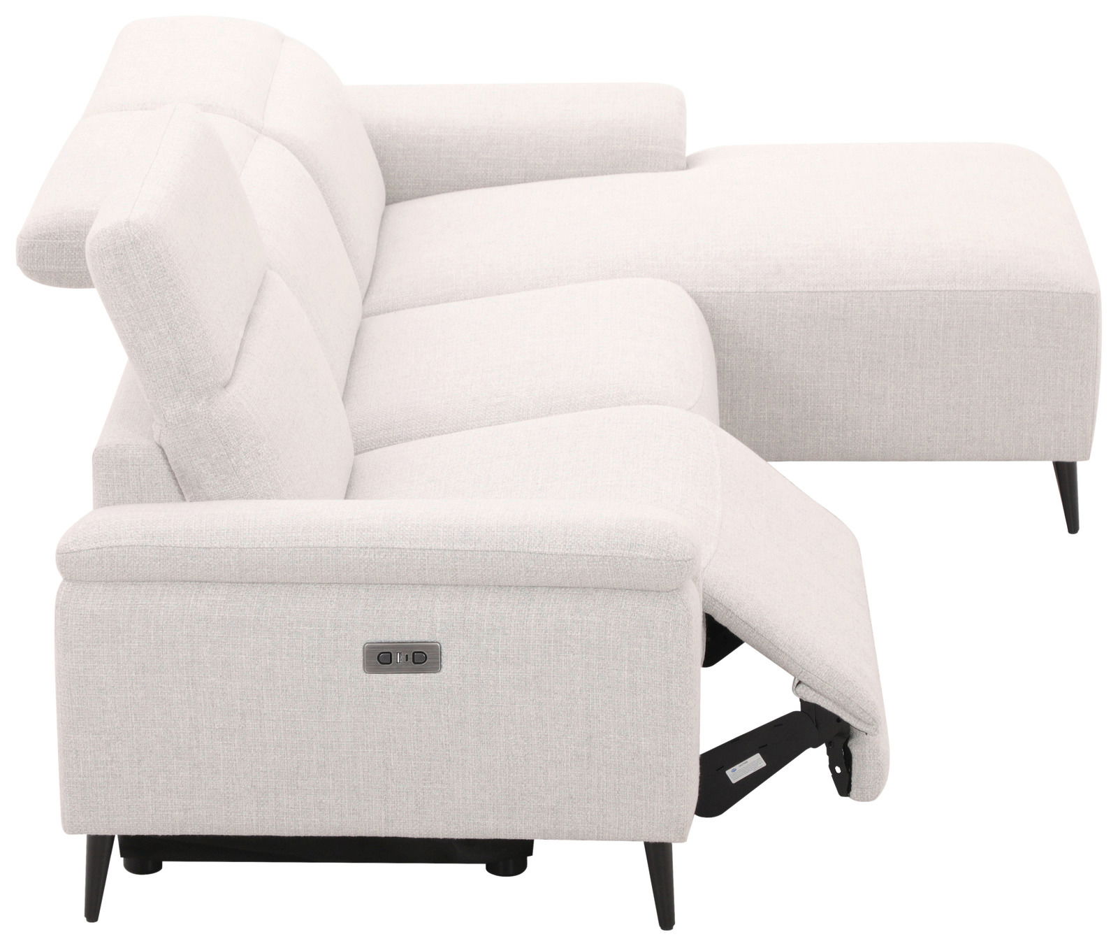 Seitenansicht einer modernen, hellgrauen Longchairkombination mit verstellbarer Rückenlehne und Fußstütze.