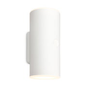 Weiße zylindrische Akku-Außenwandleuchte, seitliche Perspektive
