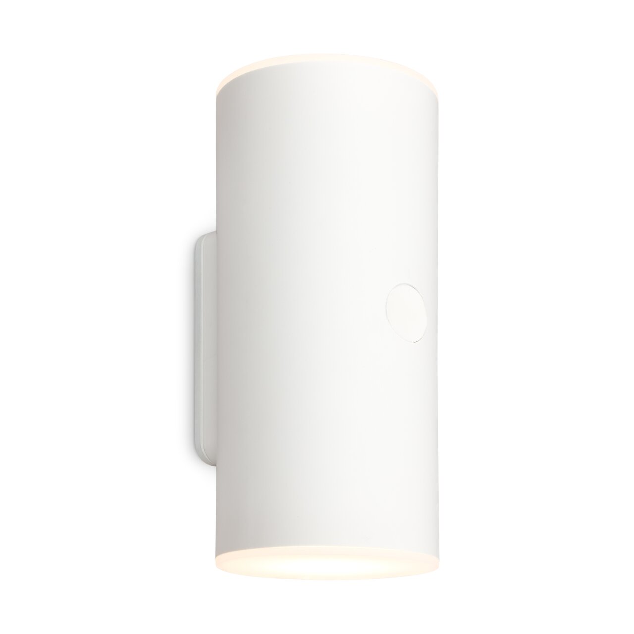 Weiße zylindrische Akku-Außenwandleuchte, seitliche Perspektive