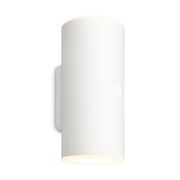 Weiße zylindrische Akku-Außenwandleuchte, seitliche Perspektive