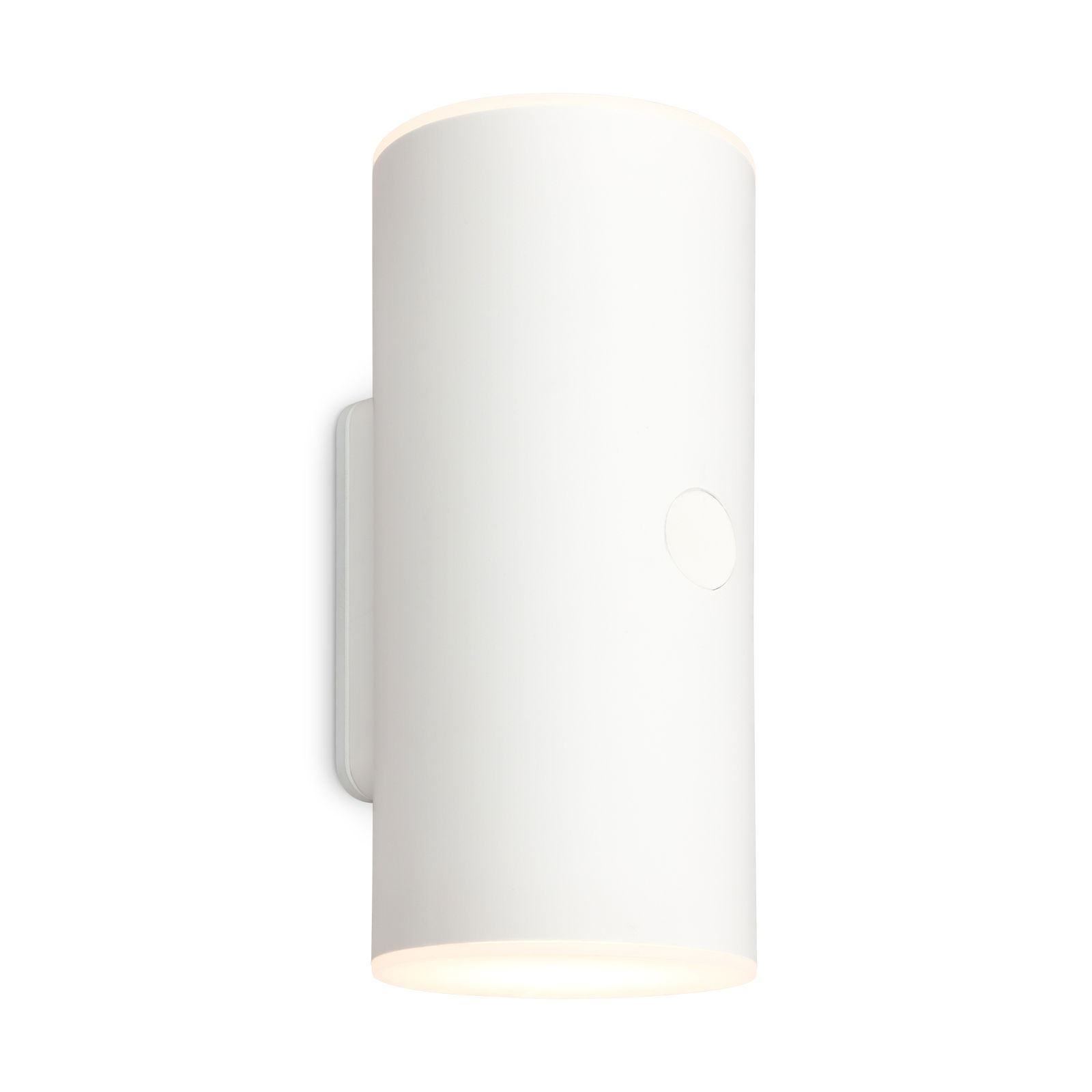 Weiße zylindrische Akku-Außenwandleuchte, seitliche Perspektive