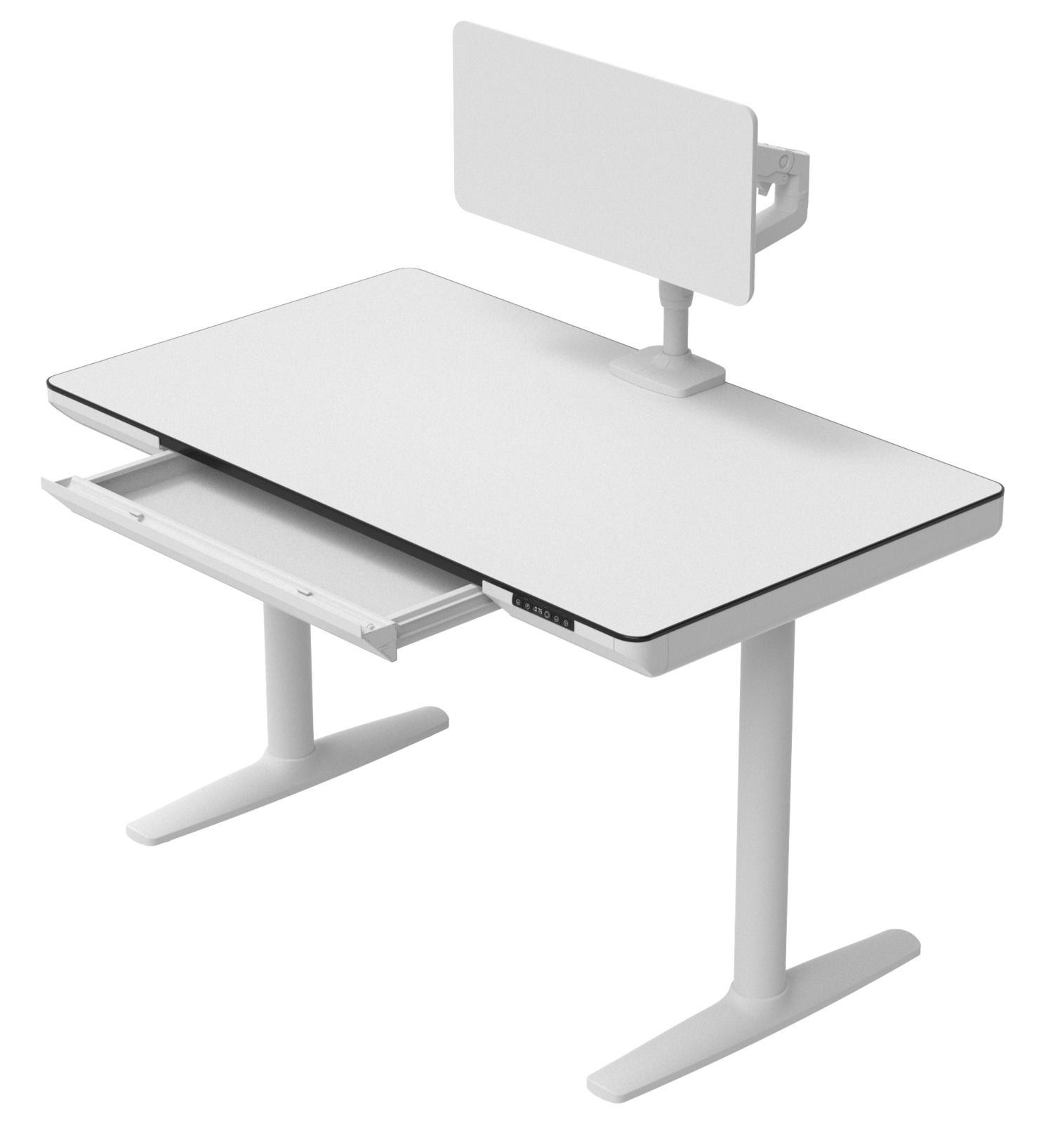 Moderner weißer E-Schreibtisch mit höhenverstellbarer Funktion, Schublade und Monitorhalterung, seitliche Perspektive