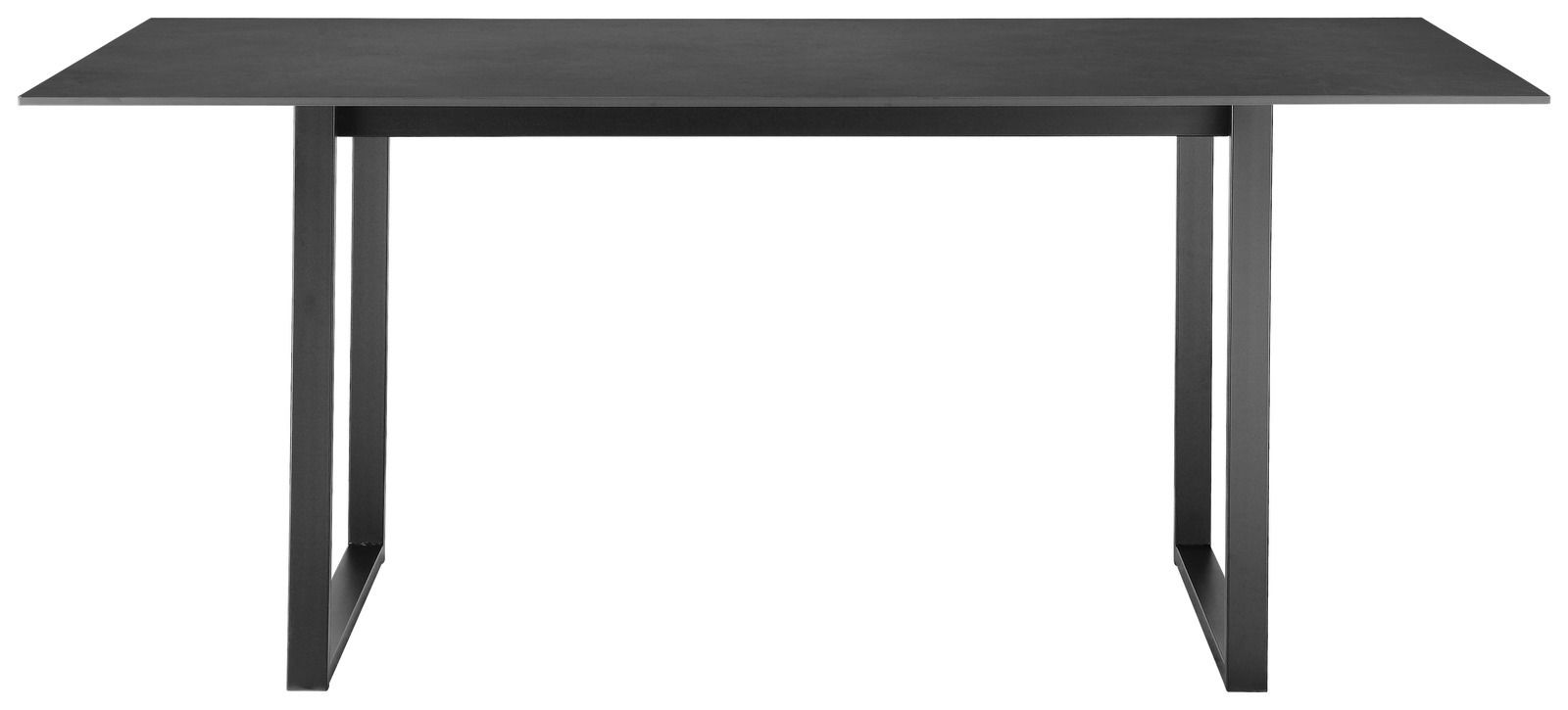 Moderner schwarzer Esstisch mit rechteckiger Tischplatte und stabilen Metallbeinen, Frontalansicht.