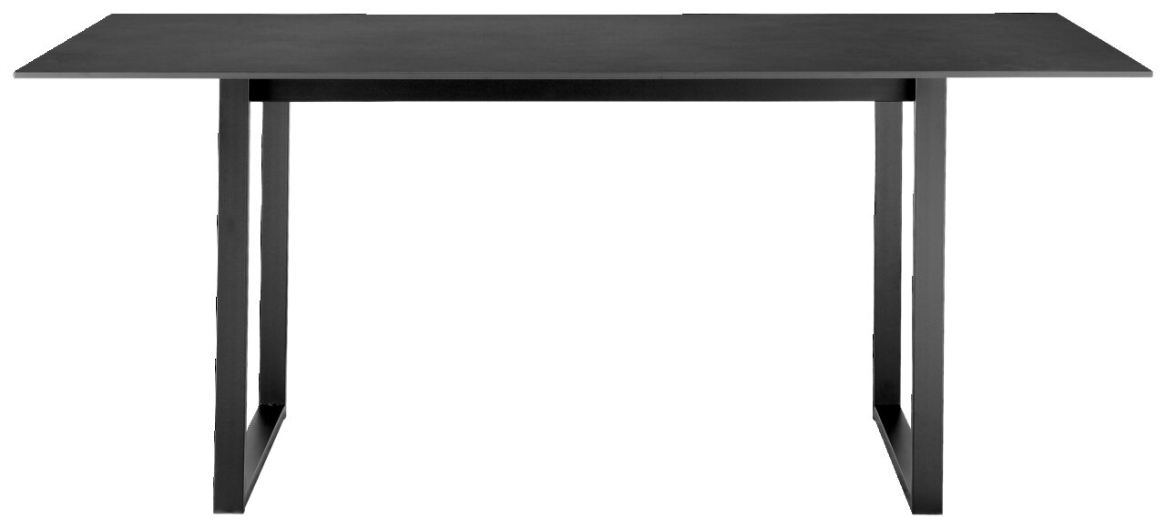 Moderner schwarzer Esstisch mit rechteckiger Tischplatte und stabilen Metallbeinen, Frontalansicht.