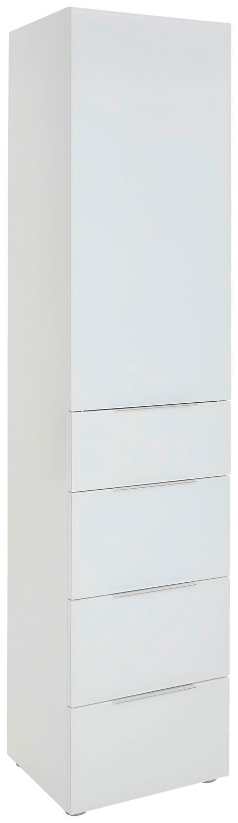 Weißer, schmaler Mehrzweckschrank mit einer Tür und drei Schubladen, seitliche Perspektive