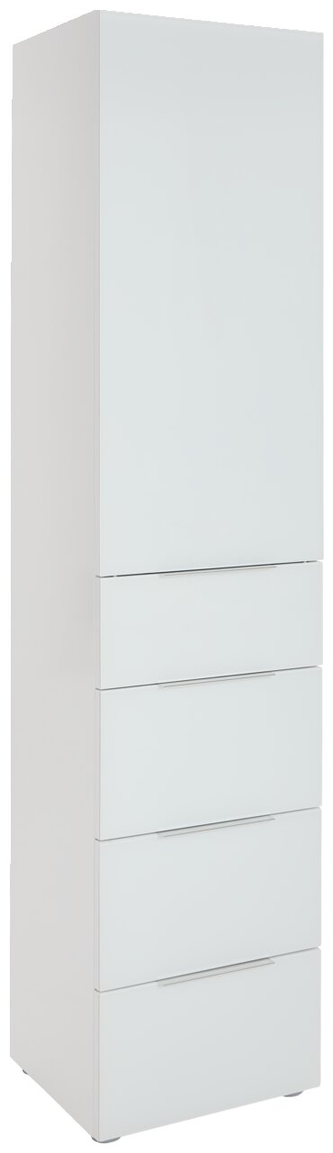 Voleo Mehrzweckschrank MALIN Weißer, schmaler Mehrzweckschrank mit einer Tür und drei Schubladen, seitliche Perspektive