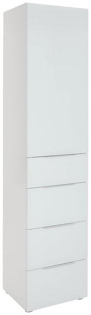 Weißer, schmaler Mehrzweckschrank mit einer Tür und drei Schubladen, seitliche Perspektive