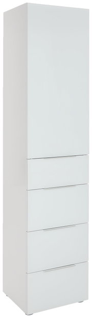 Weißer, schmaler Mehrzweckschrank mit einer Tür und drei Schubladen, seitliche Perspektive