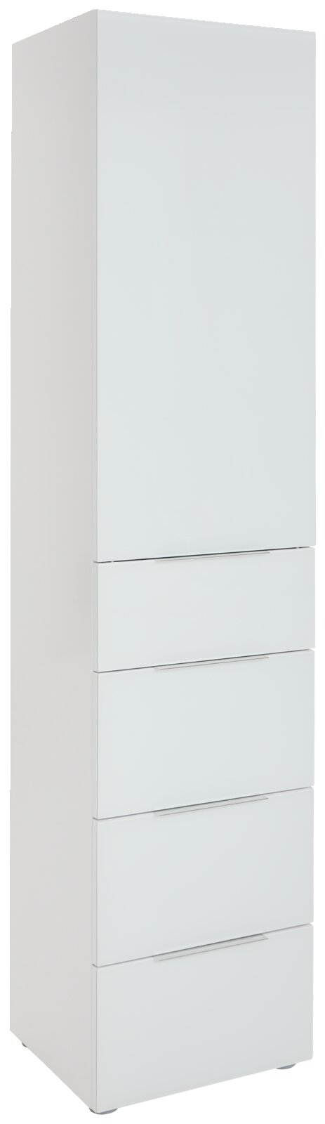 Weißer, schmaler Mehrzweckschrank mit einer Tür und drei Schubladen, seitliche Perspektive