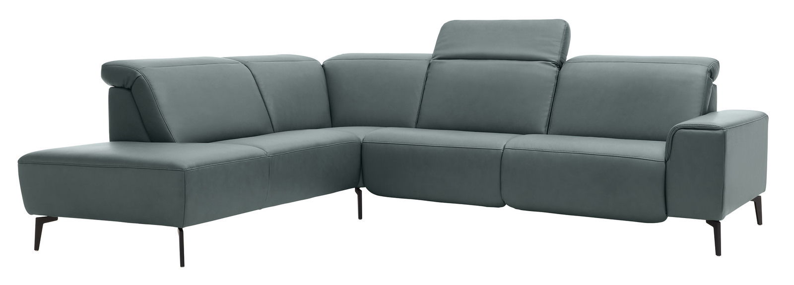 Moderne Eckgarnitur in grauem Leder mit verstellbarer Kopfstütze, seitliche Perspektive