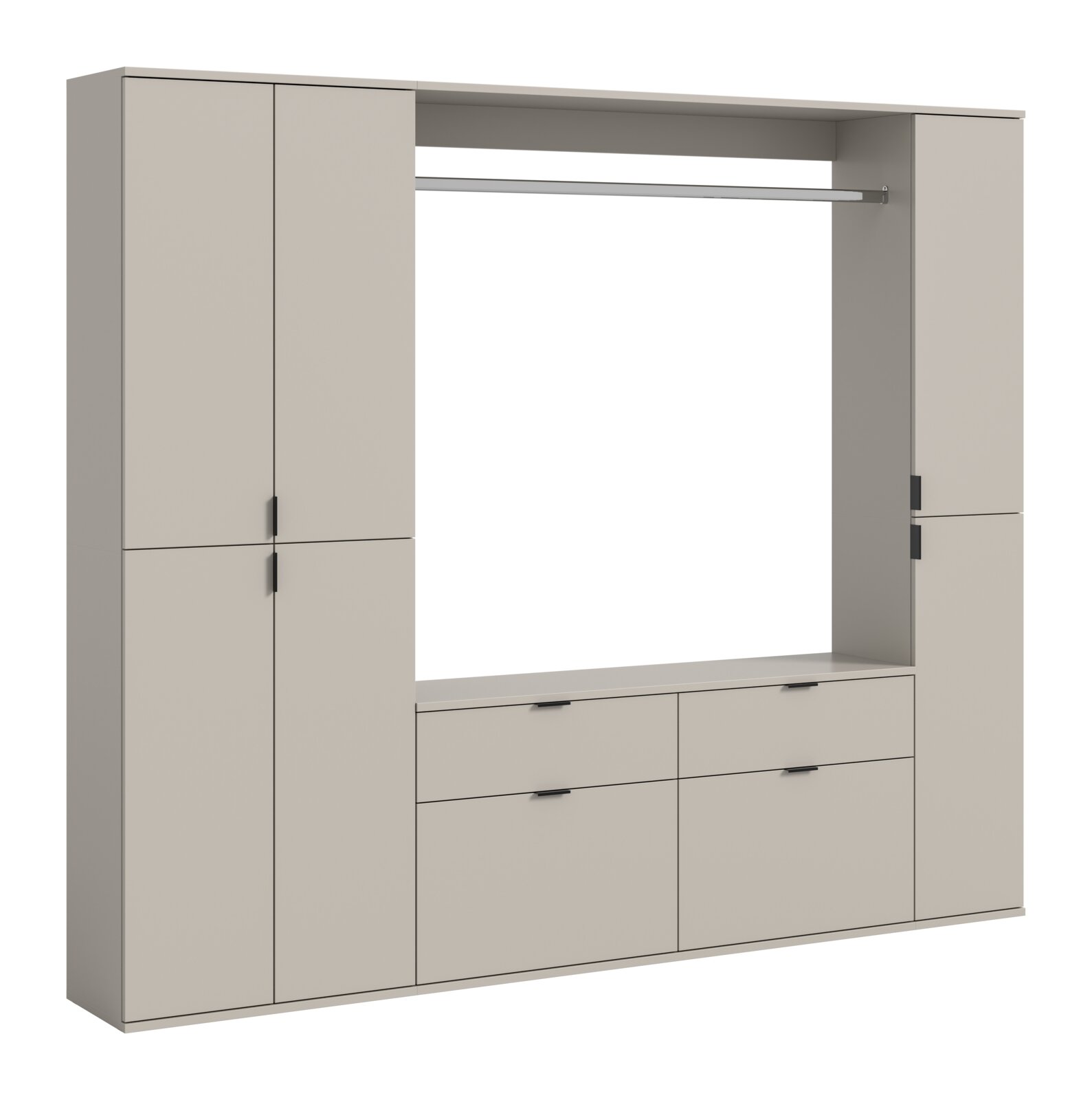 Beiger Kleiderschrank mit offenen Mittelbereich und Kleiderstange, seitlichen Schranktüren und unteren Schubladen mit schwarzen Griffen, Frontansicht in leichter Perspektive von links.