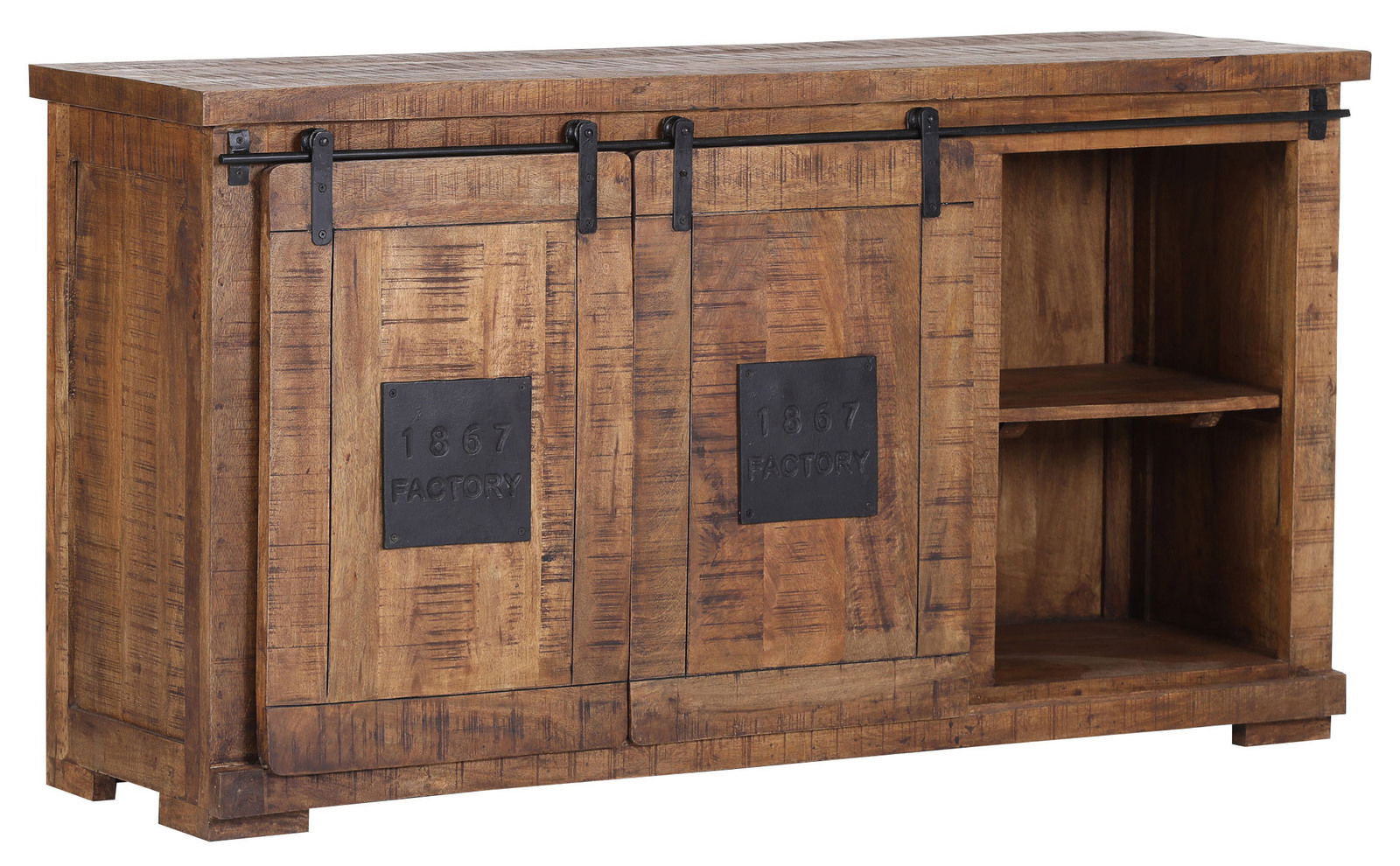 Rustikales Sideboard aus Holz mit Schiebetüren und Metallakzenten, seitliche Perspektive