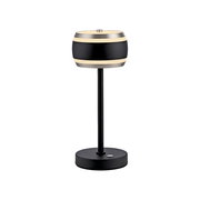 Moderne Akku-Tischleuchte mit schwarzem Standfuß und rundem, zweifarbigem Lampenschirm, frontal abgebildet.